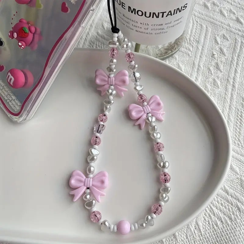 Stylish Pearl & Acrylic Phone Chain with Butterfly Charm - Secure, Trendy Lanyard Bracelet Gift - Case On