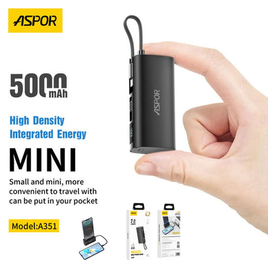 Aspor A351 2in1 Iphone & Type-c Flexible Portable Mini 5000mah Power Bank