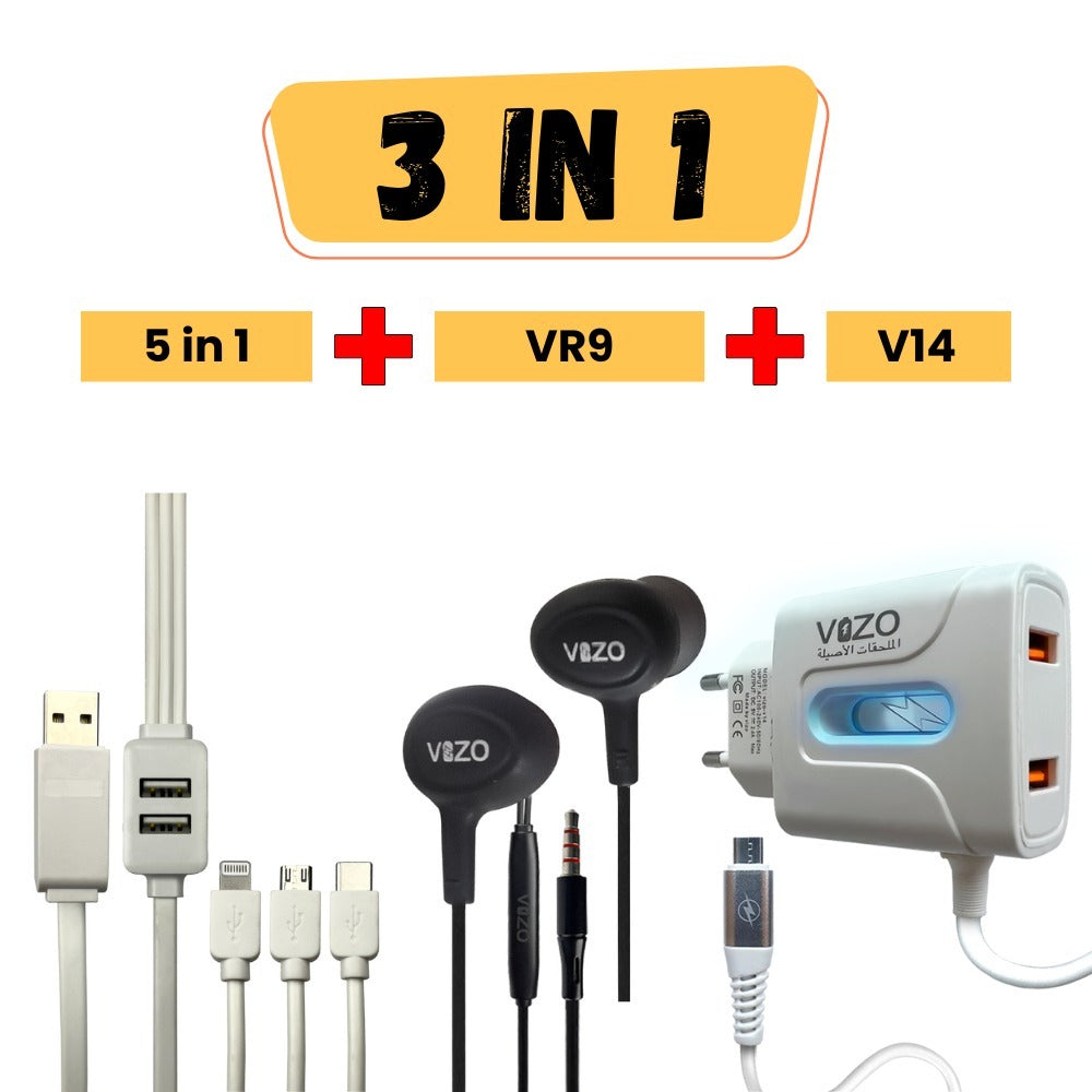 Bundle 10 / 5 In 1 Cable + R9 Hand Free + V14 Charger 1 | Vizo 5-in1 Fast Data Cable