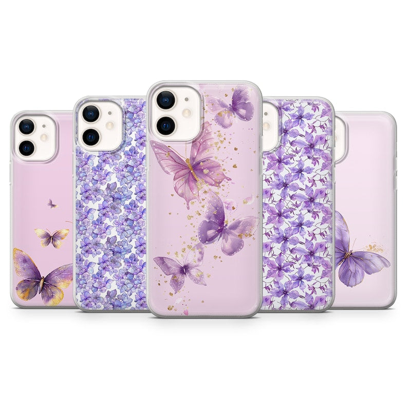 Butterfly Phone Case Purple Flowers Cover fit All Models